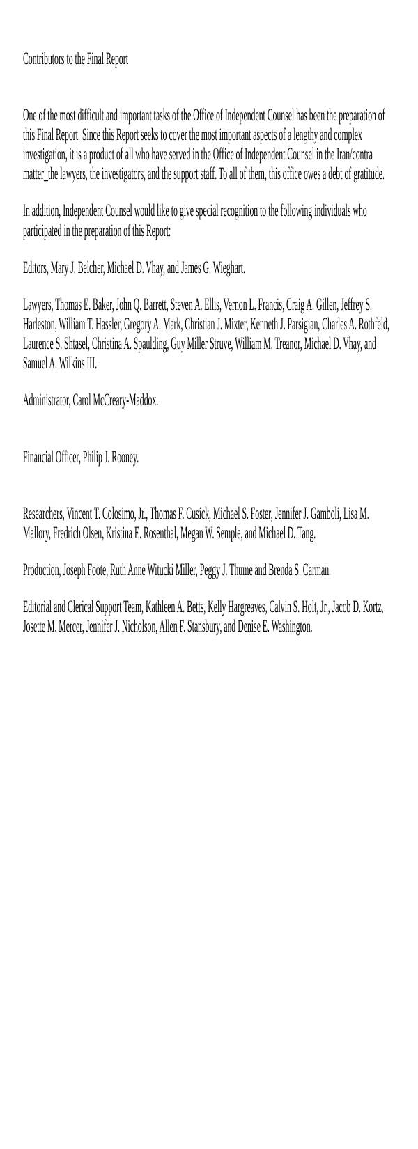 Page 1 preview of Walsh Final Report: Contributors