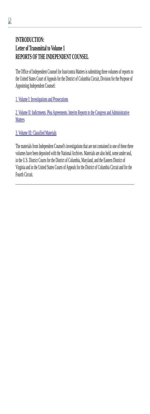 Page 1 preview of Walsh Final Report: Letter of Transmittal to Volume 1