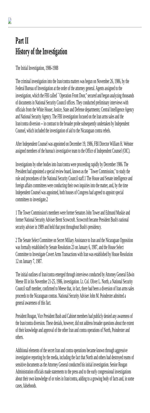 Page 1 preview of Walsh Final Report: Part II - History of the Investigation (The Initial Investigation, 1986-1988)