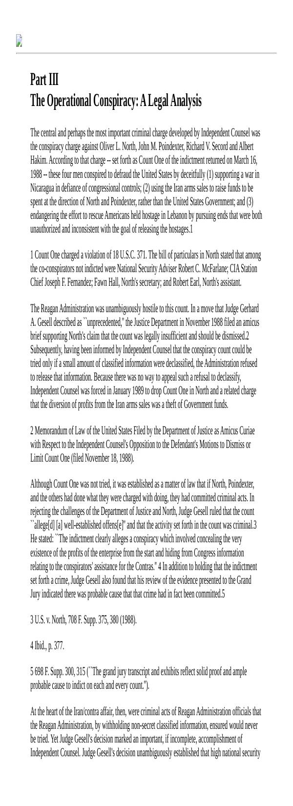 Page 1 preview of Walsh Final Report: Part III - The Operational Conspiracy: A Legal Analysis