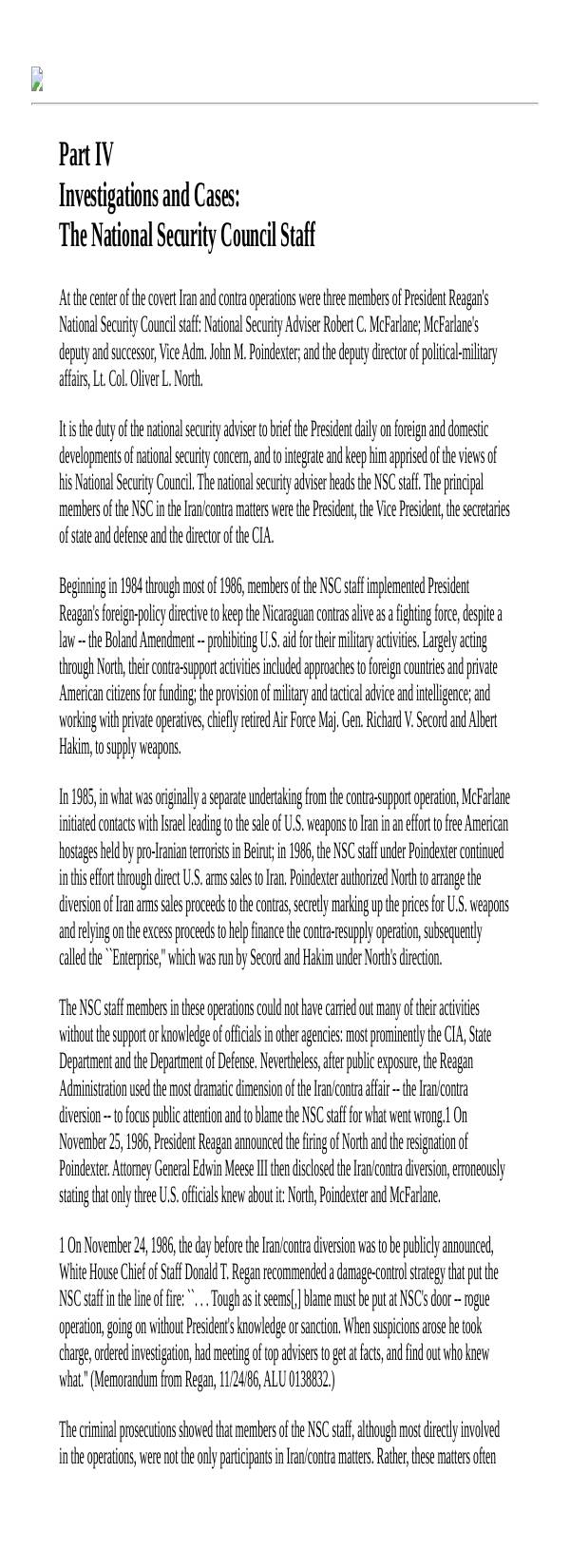 Page 1 preview of Walsh Final Report: Part IV Investigations and Cases: The National Security Council Staff
