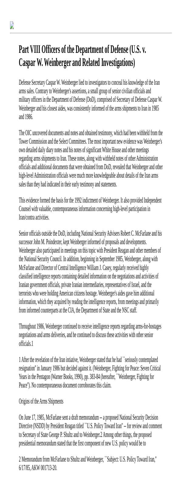 Page 1 preview of Walsh Final Report, Part VIII: Officers of the Department of Defense (Weinberger Investigation)